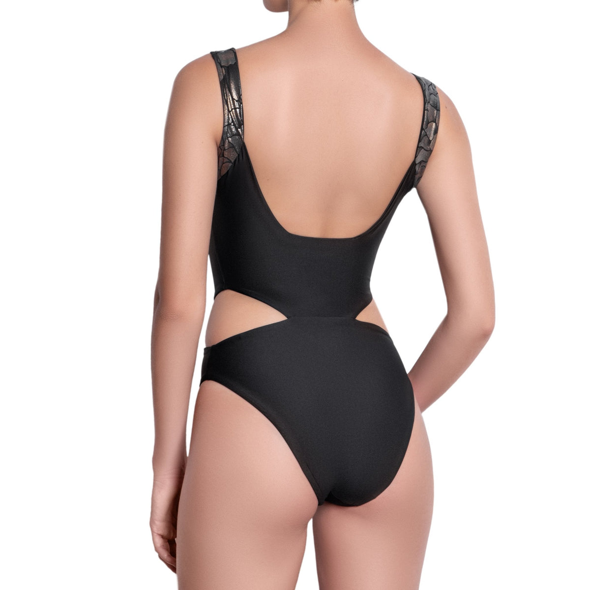ISABELLE  cut out one piece, bronze brocade straps black swimsuit by ALMA swimwear ‚Äì back view