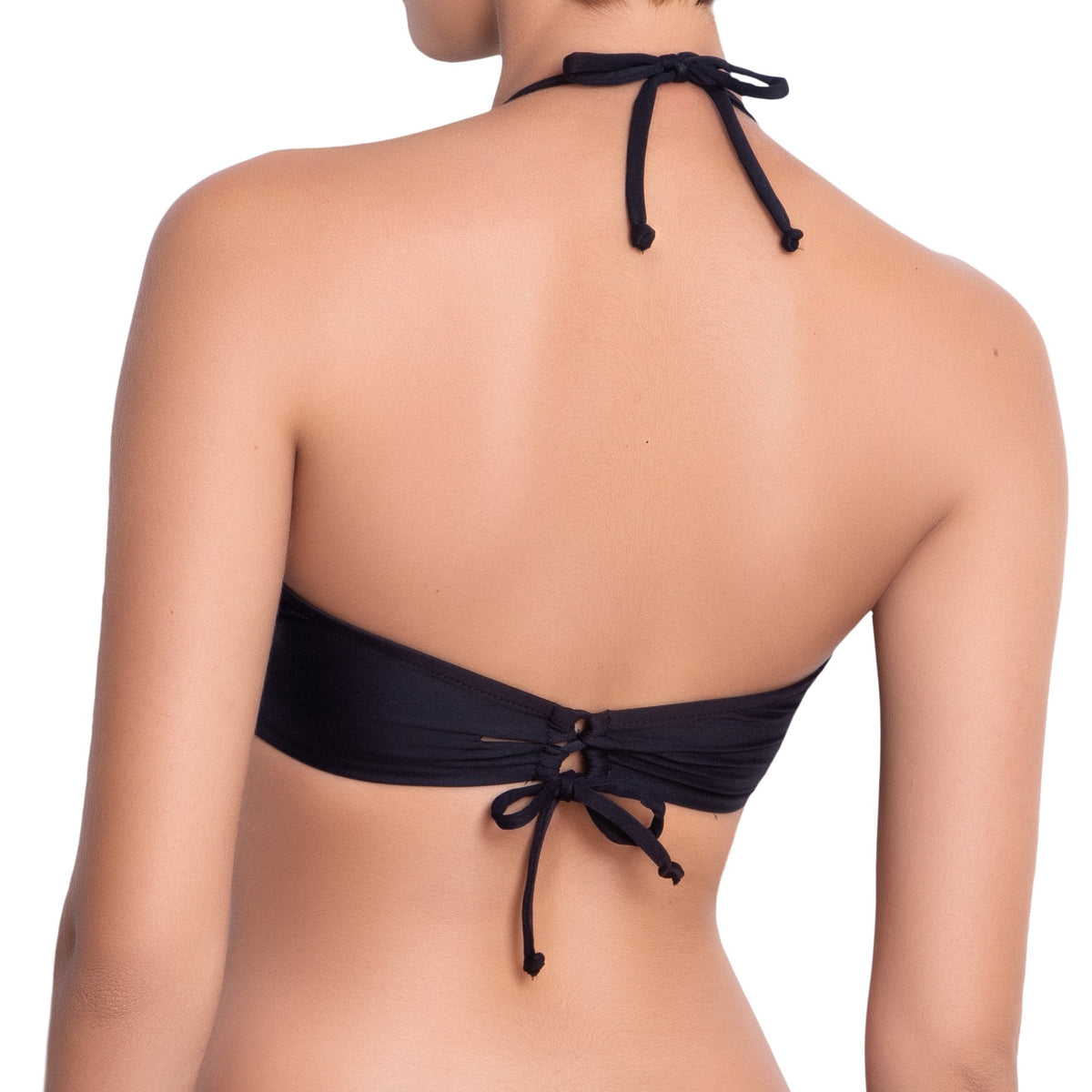 ISABELLE high neck bra, bronze brocade panel black bikini top by ALMA swimwear ‚Äì back view 