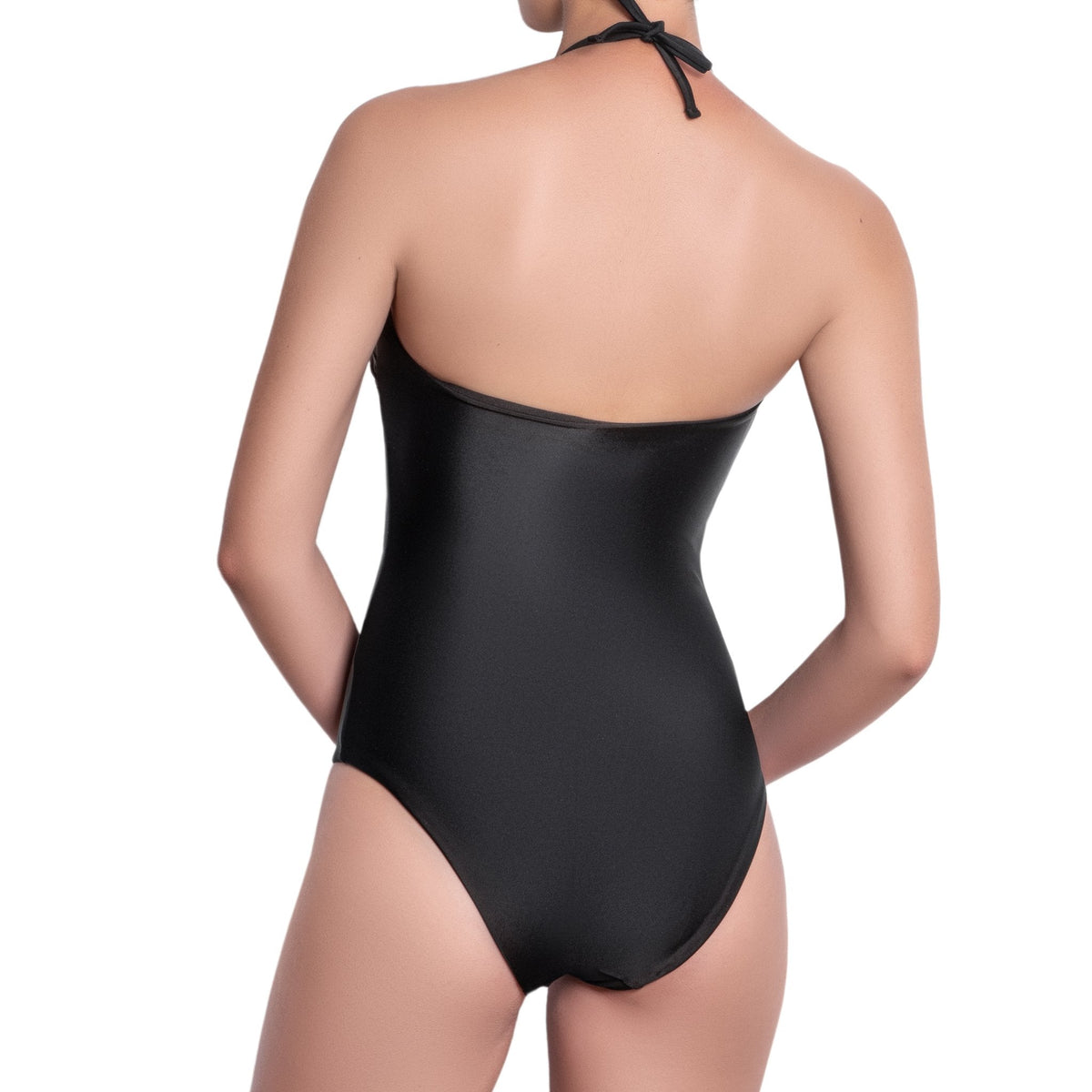 ISABELLE high neck one piece, bronze brocade panel black swimsuit by ALMA swimwear ‚Äì back view 