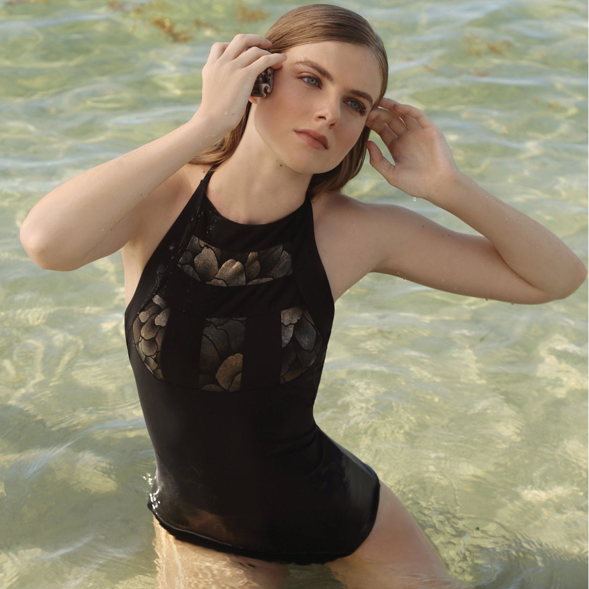 ISABELLE high neck one piece, bronze brocade panel black swimsuit by french luxury swimwear brand:  ALMA ‚Äì lookbook 1