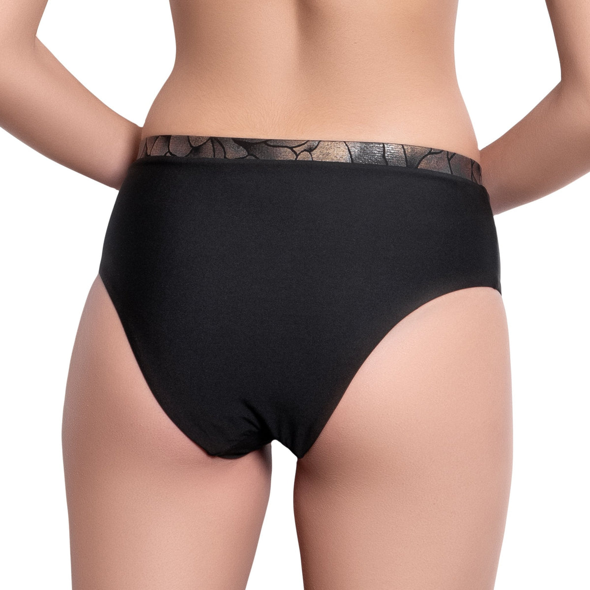 ISABELLE high rise panty, bronze brocade waistband black bikini bottom  by ALMA swimwear ‚Äì back view 