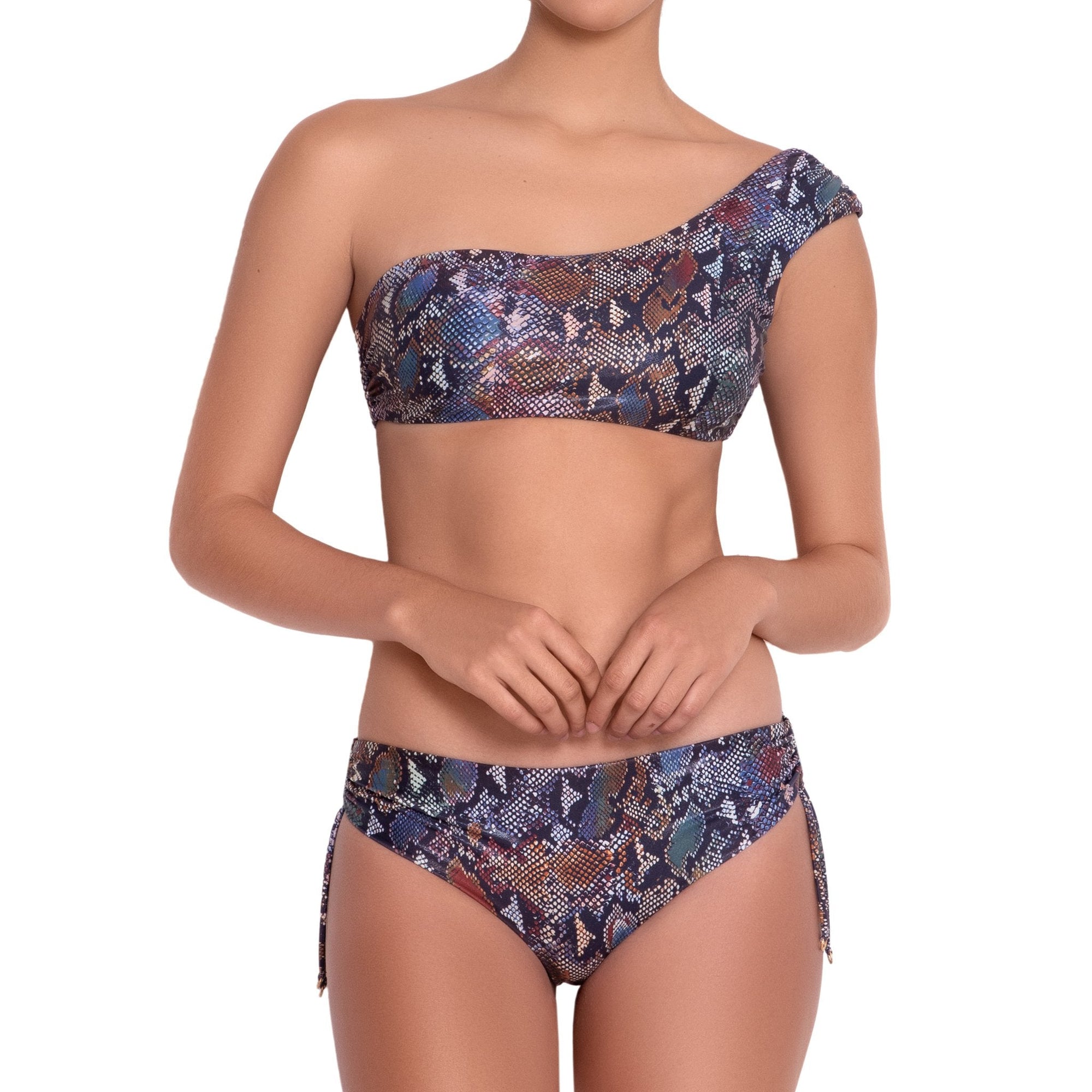MARION adjustable panty, printed bikini bottom by ALMA swimwear ‚Äì front view 1