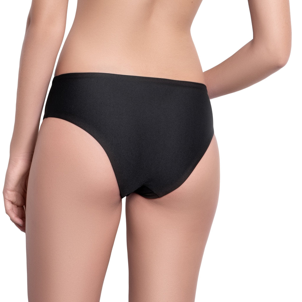 L√âA classic panty, solid black bikini bottom by ALMA swimwear ‚Äì back view 