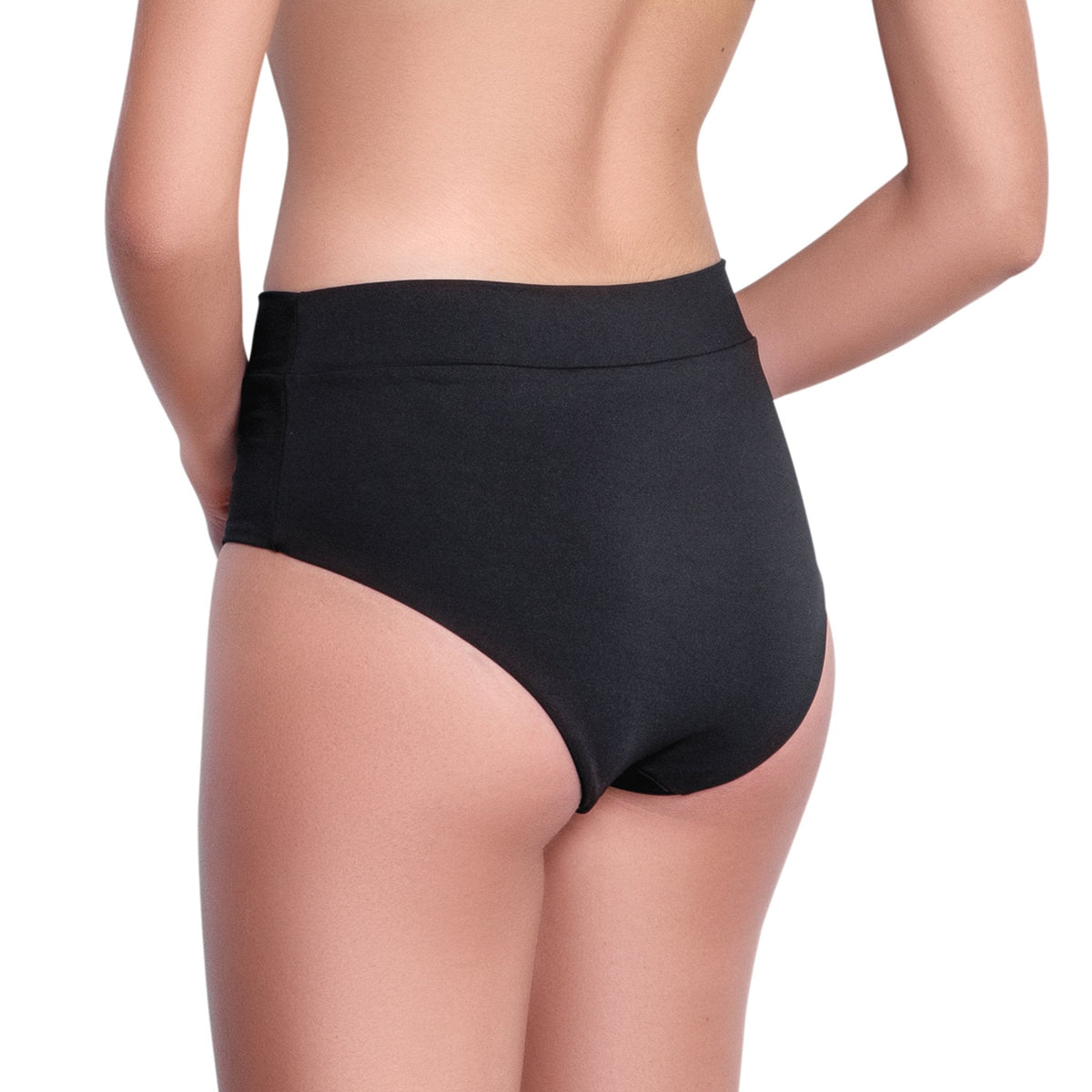 L√âA foldable belt panty, solid black bikini bottom by ALMA swimwear ‚Äì back view 
