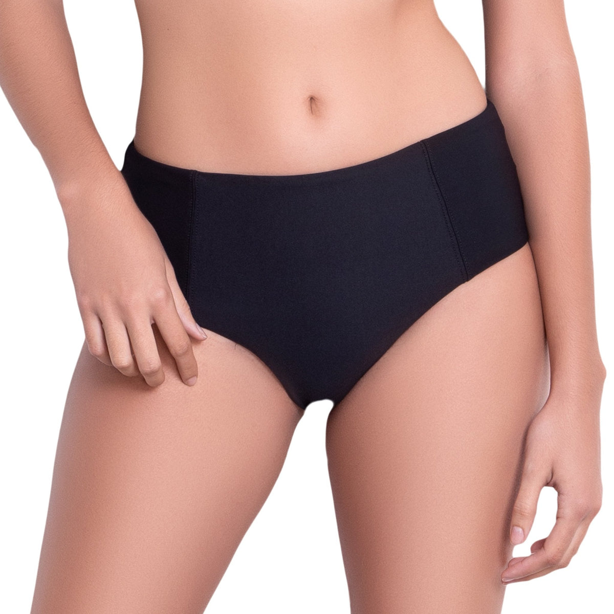 L√âA High rise panty, solid black bikini bottom by ALMA swimwear ‚Äì front view 3
