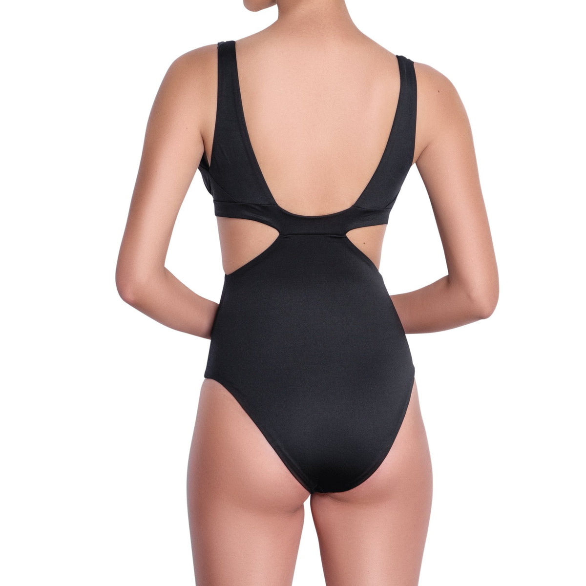 L√âA v-neck one piece, black swimsuit by ALMA swimwear ‚Äì back view 1