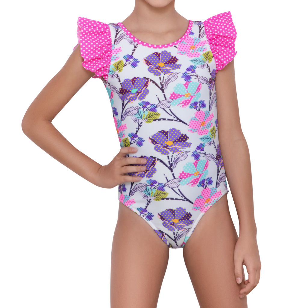Traje de Bano Entero con  Volante en Manga Flower Dots