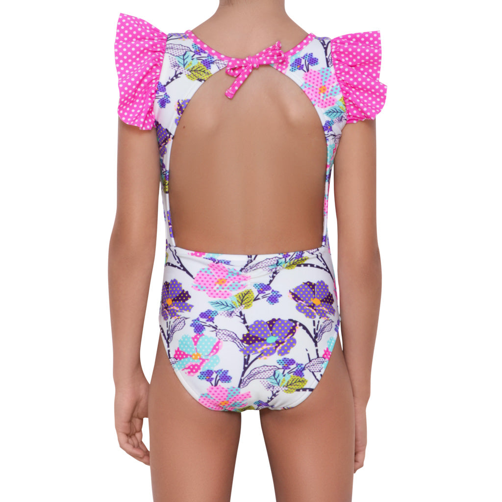 Traje de Bano Entero con  Volante en Manga Flower Dots