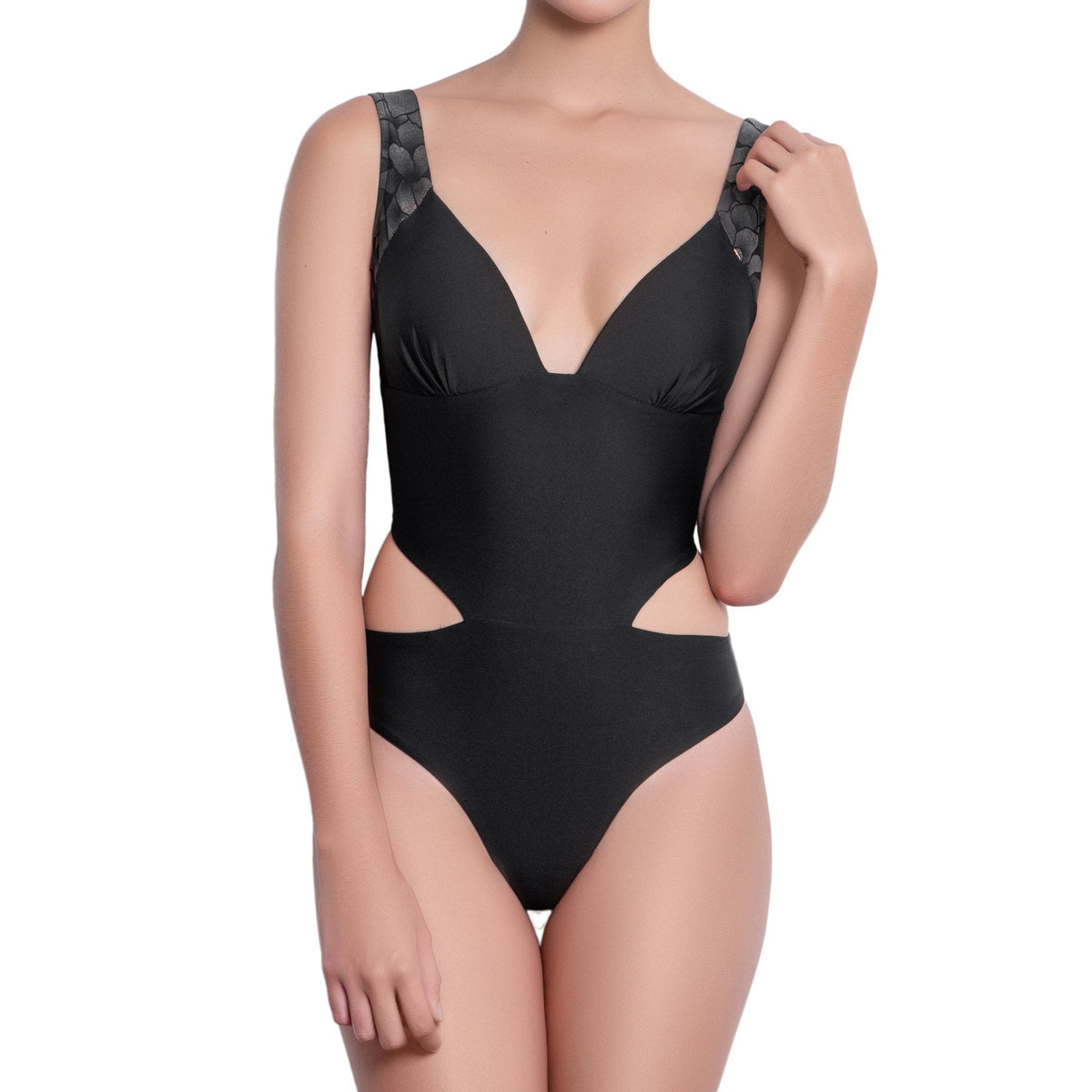 ISABELLE cut out one piece, bronze brocade straps black swimsuit by ALMA swimwear ‚Äì front view 1