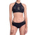 ISABELLE high neck bra, bronze brocade panel black bikini top by ALMA swimwear ‚Äì front view 1
