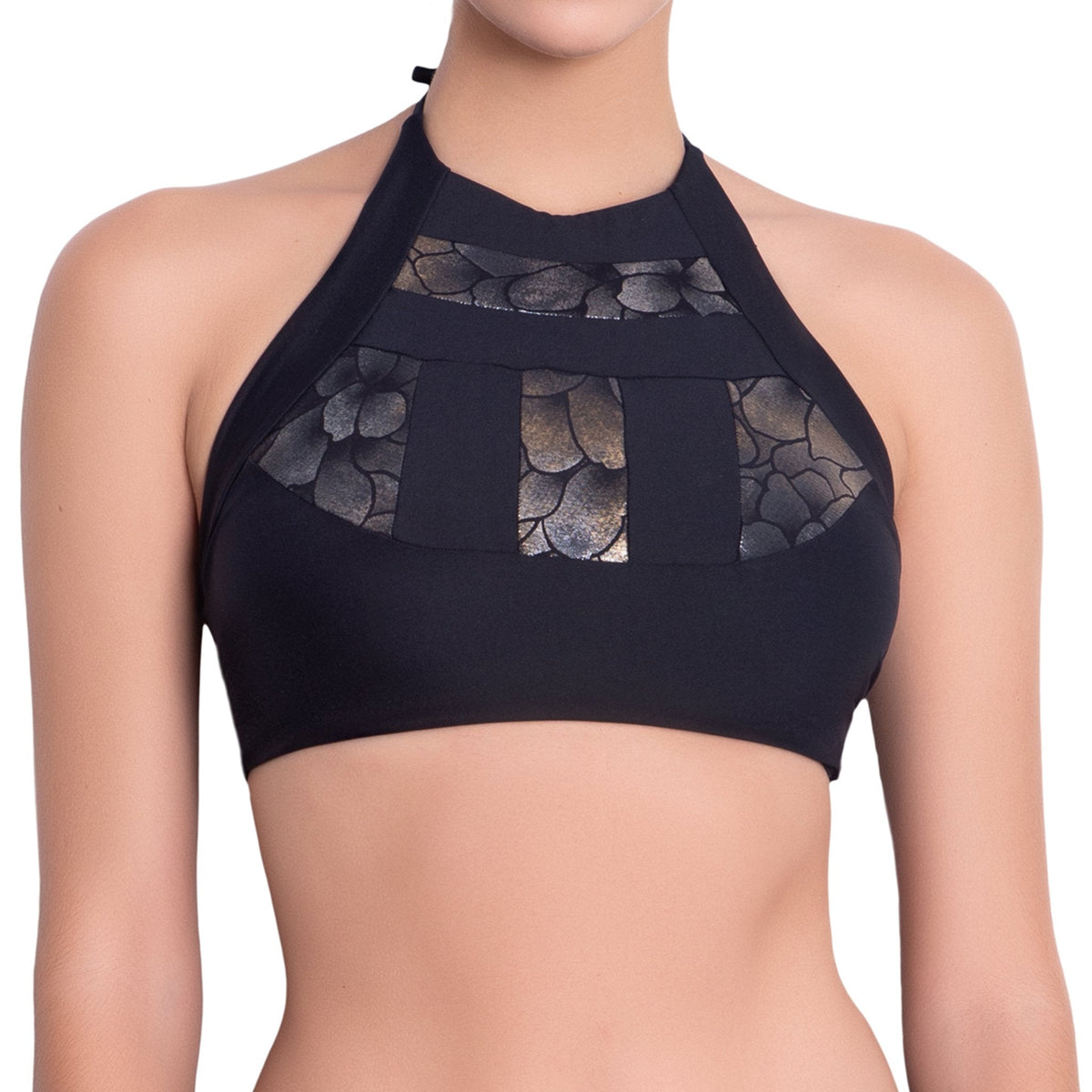 ISABELLE high neck bra, bronze brocade panel black bikini top by ALMA swimwear ‚Äì front view 2