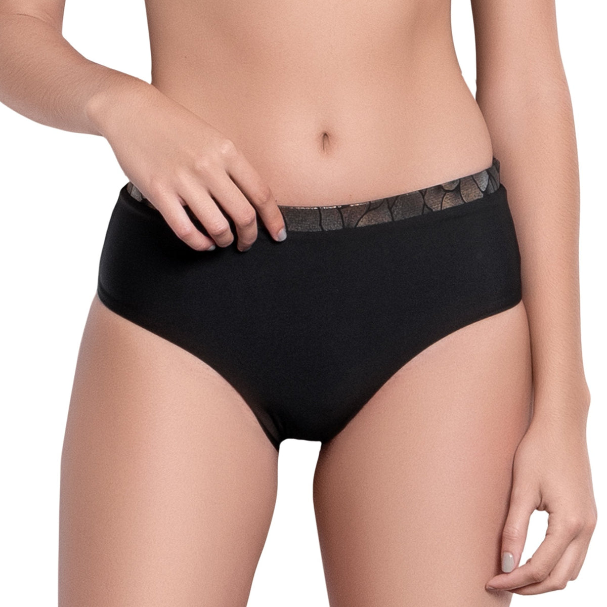 ISABELLE high rise panty, bronze brocade waistband black bikini bottom  by ALMA swimwear ‚Äì front view 2