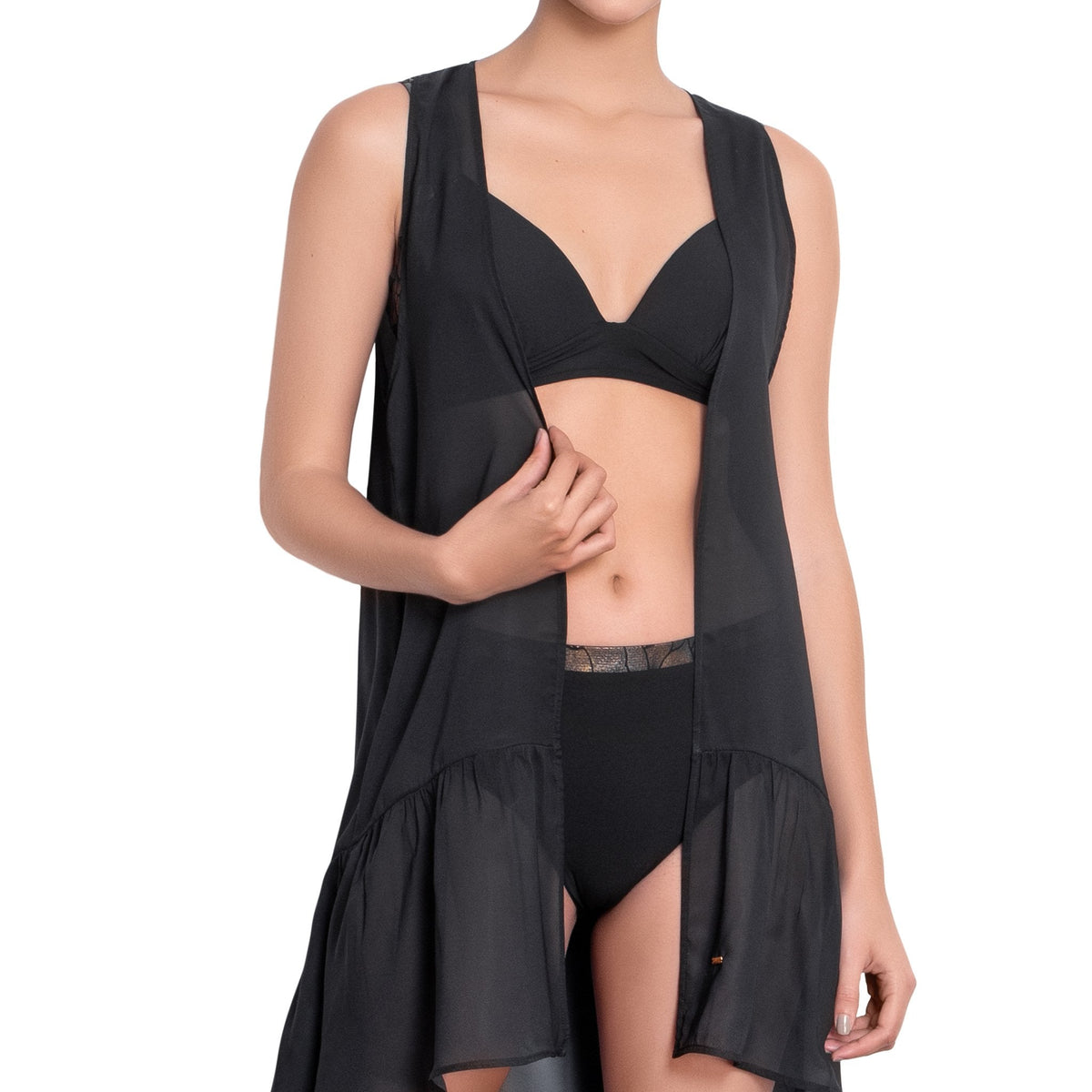 ISABELLE long back dress, black chiffon cover up by ALMA swimwear ‚Äì front view 1