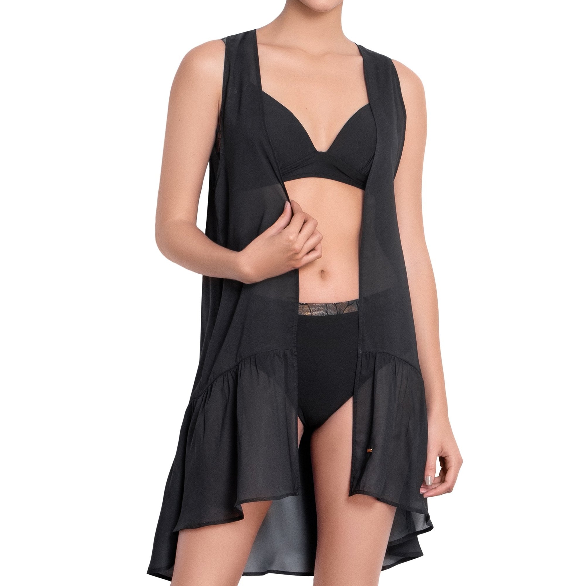 ISABELLE long back dress, black chiffon cover up by ALMA swimwear ‚Äì front view 2