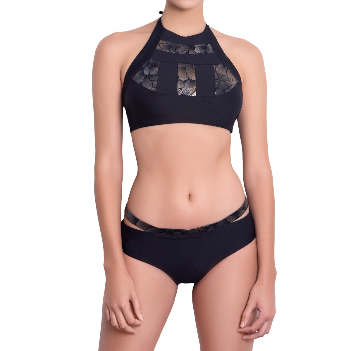ISABELLE medium rise panty, bronze brocade cutout waistband black bikini bottom by ALMA swimwear ‚Äì front view 1