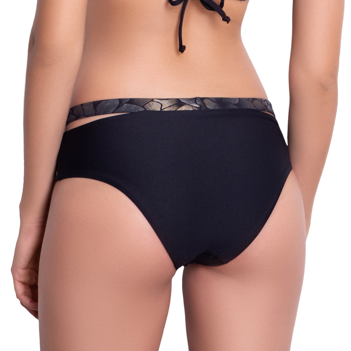 ISABELLE medium rise panty, bronze brocade cutout waistband black bikini bottom by ALMA swimwear ‚Äì back view 