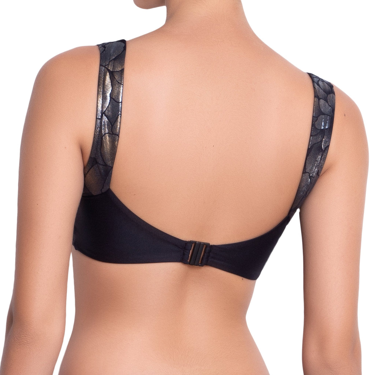 ISABELLE molded bra, bronze brocade straps black top by ALMA swimwear ‚Äì back view 