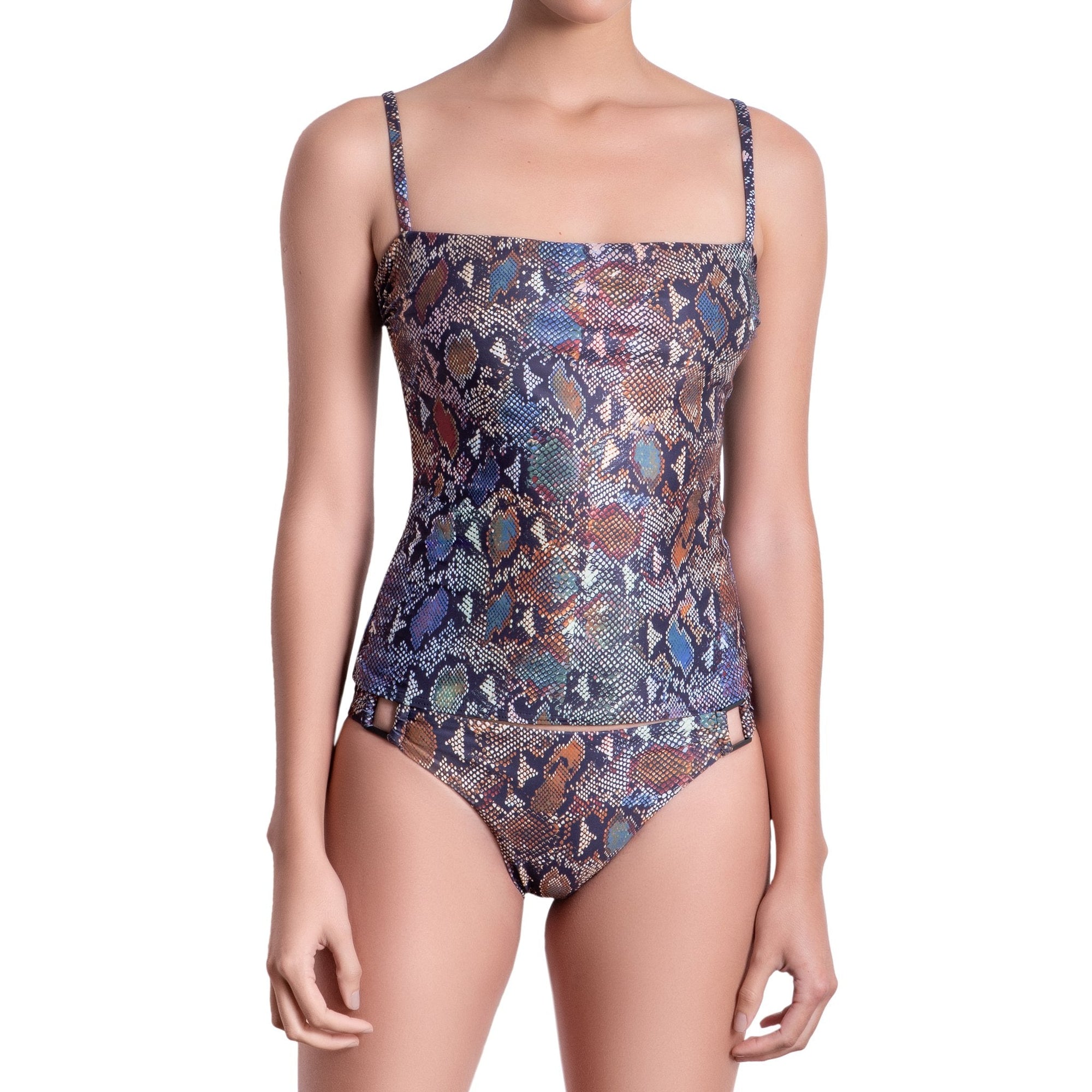 MARION accessorized panty, printed bikini bottom by ALMA swimwear – front view 1