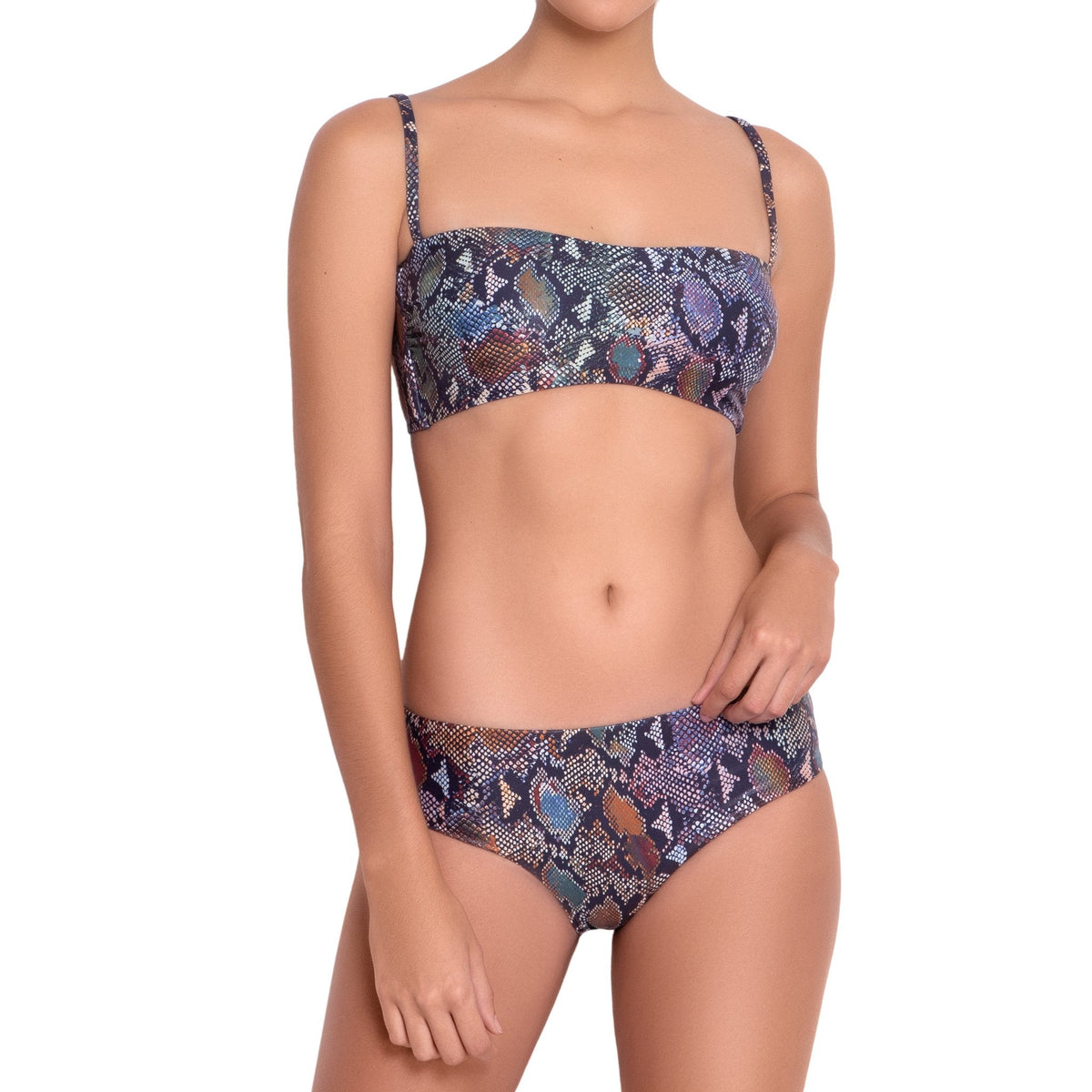 MARION bandeau bra, printed bikini top by ALMA swimwear ‚Äì front view 1