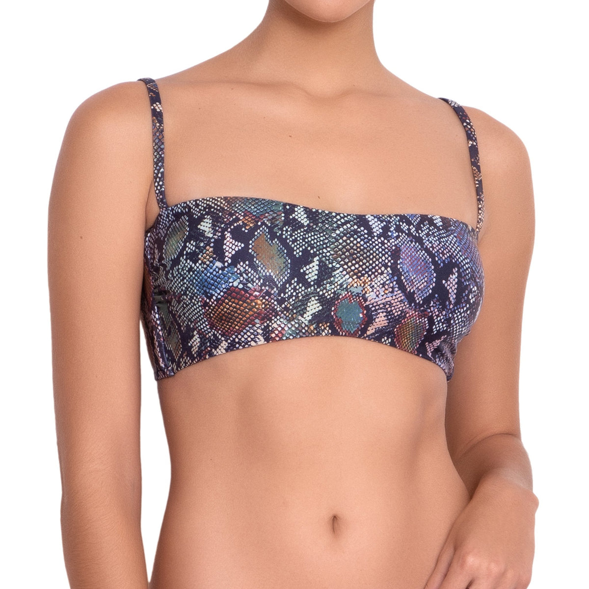 MARION bandeau bra, printed bikini top by ALMA swimwear ‚Äì front view 2