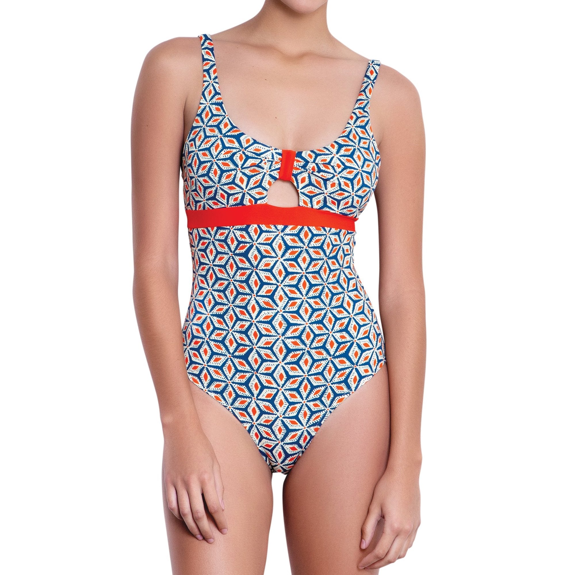 B√âR√âNICE halter one piece, printed swimsuit by ALMA swimwear ‚Äì front view 1