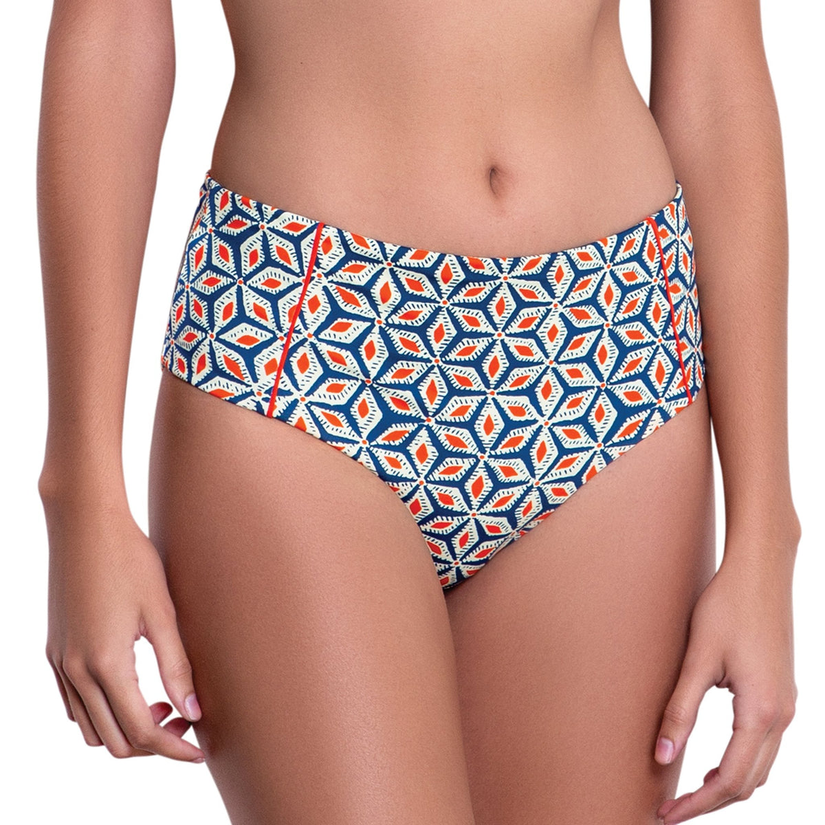 B√âR√âNICE high rise panty, printed bikini bottom by ALMA swimwear ‚Äì front view 2