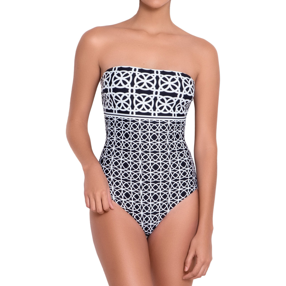 BRIGITTE bandeau one piece, printed swimsuit by ALMA swimwear ‚Äì front view 2