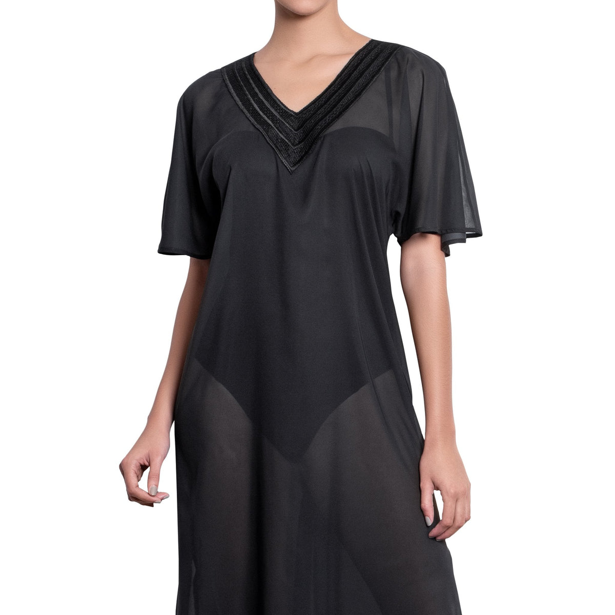 BRIGITTE long kaftan, black cover up by ALMA swimwear ‚Äì front view 1 