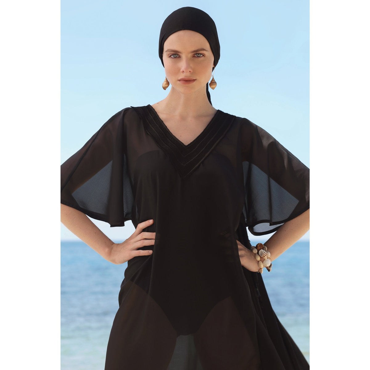BRIGITTE long kaftan, black cover up by french luxury swimwear brand:  ALMA ‚Äì lookbook 1 