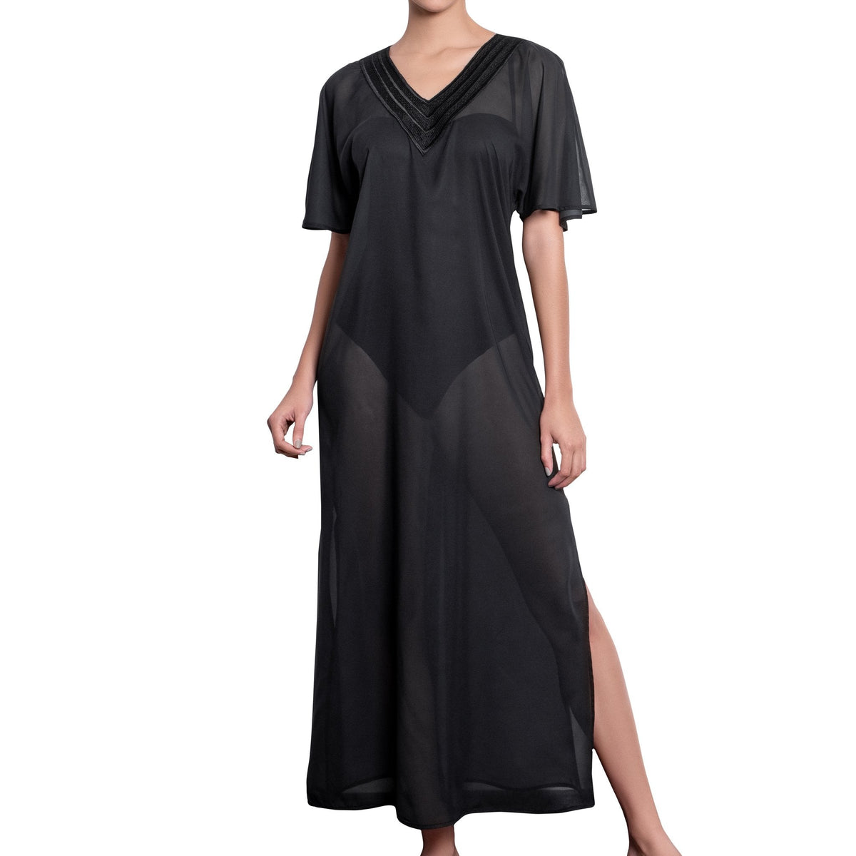 BRIGITTE long kaftan, black cover up by ALMA swimwear ‚Äì front view 2