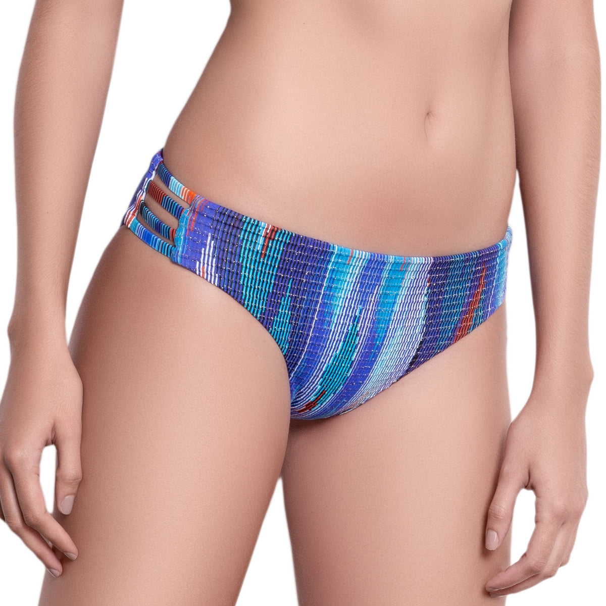 EVA strappy panty, textured printed bikini bottom by ALMA swimwear ‚Äì front view 2