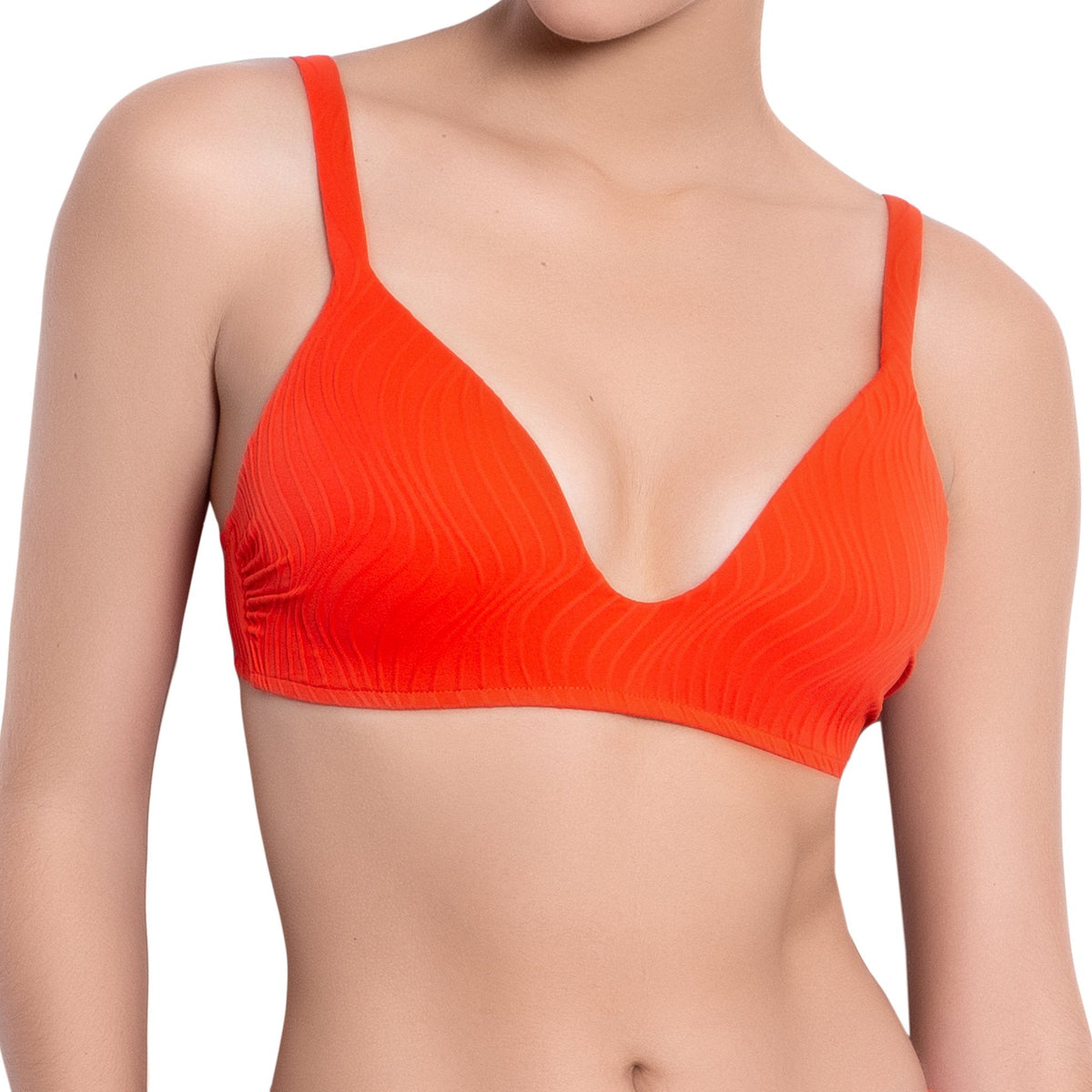 JULIETTE bralette bra, textured orange bikini top by ALMA swimwear ‚Äì front view 2