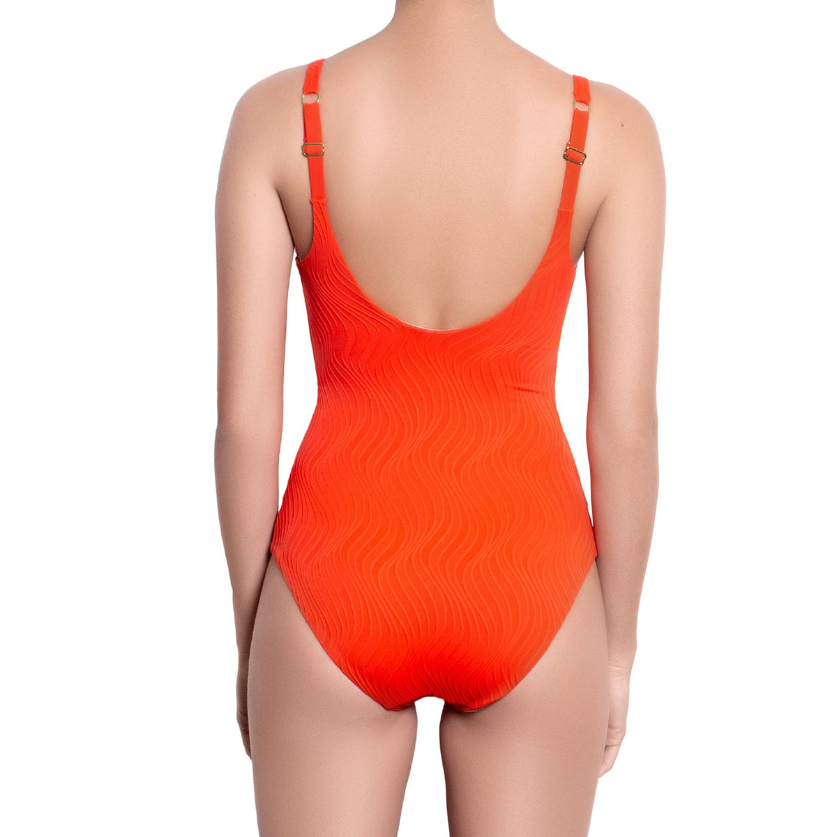 JULIETTE v-neck one piece, textured orange swimsuit by ALMA swimwear ‚Äì back view 