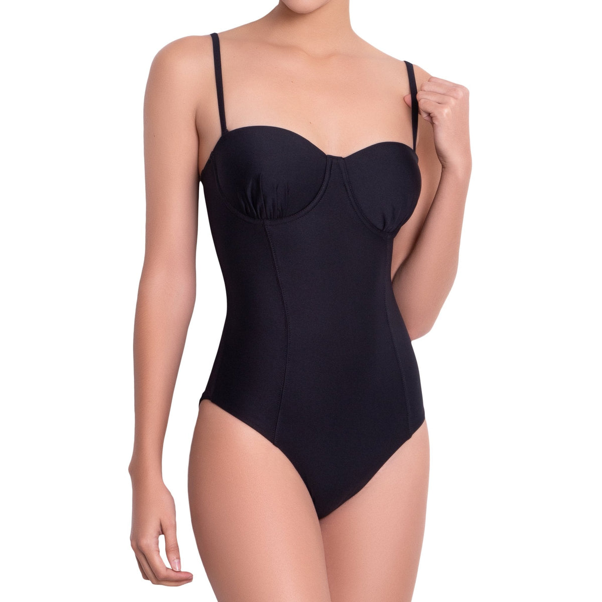 LÉA balconette one piece, black swimsuit by ALMA swimwea – front view 1