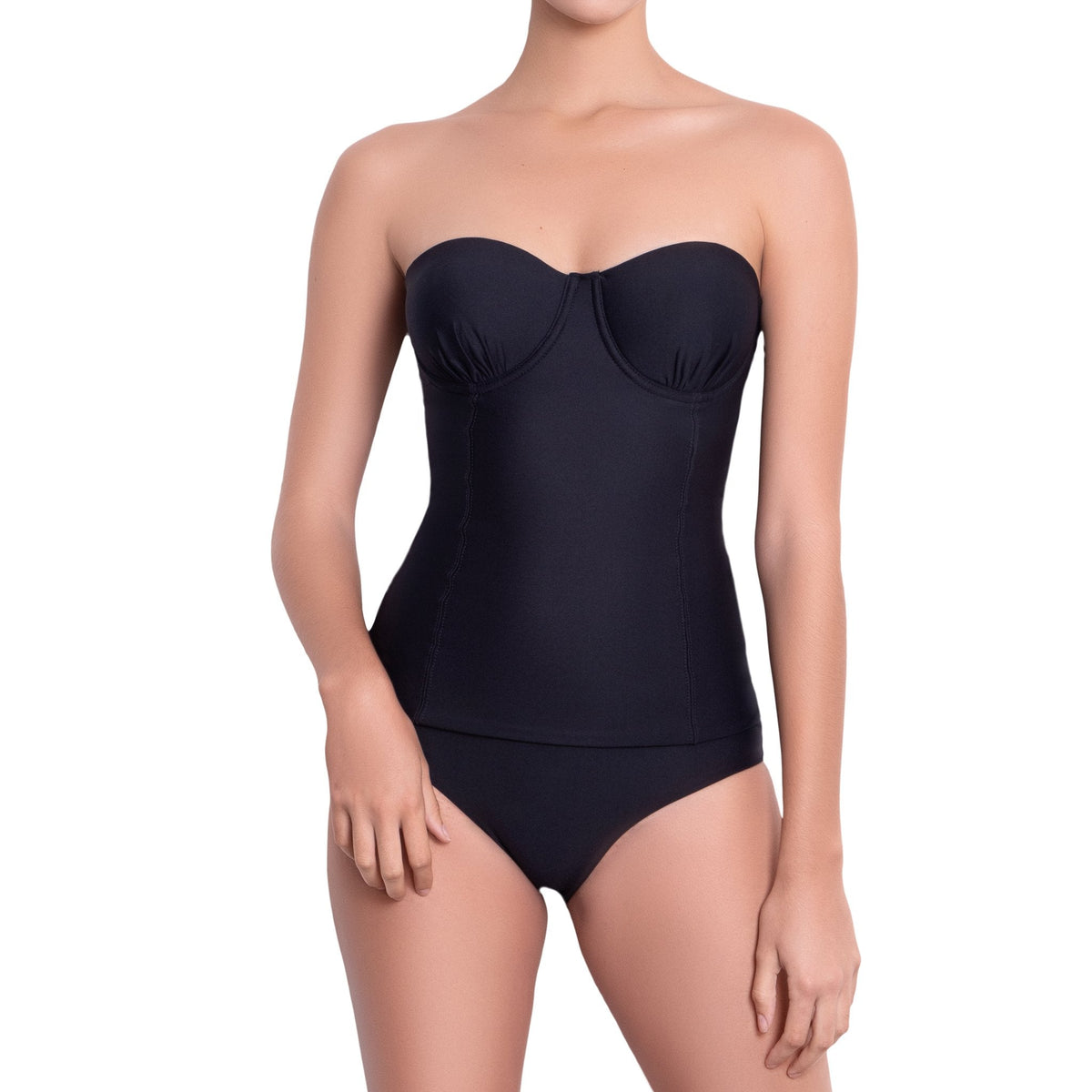 L√âA classic panty, solid black bikini bottom by ALMA swimwear ‚Äì front view 1