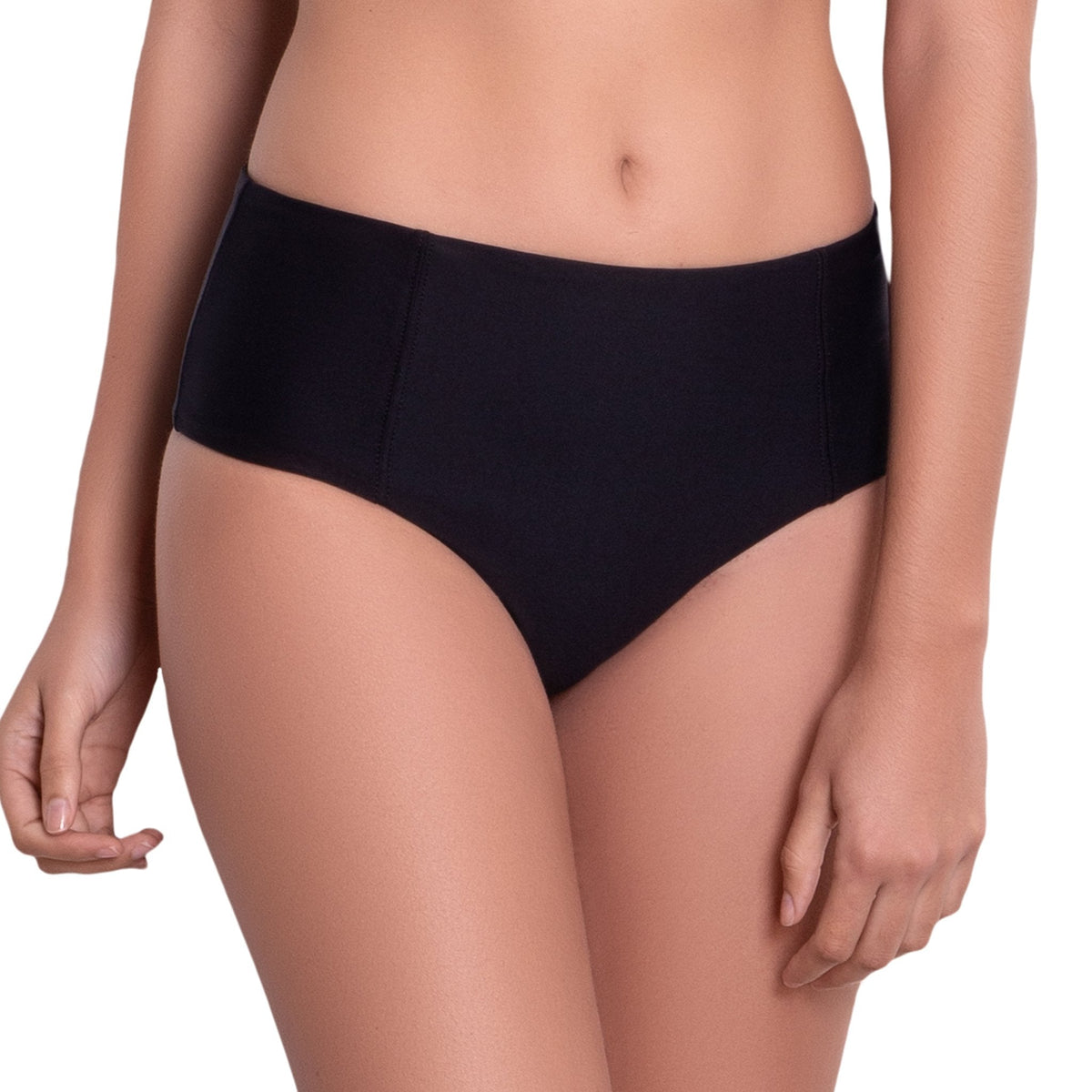 L√âA High rise panty, solid black bikini bottom by ALMA swimwear ‚Äì front view 2