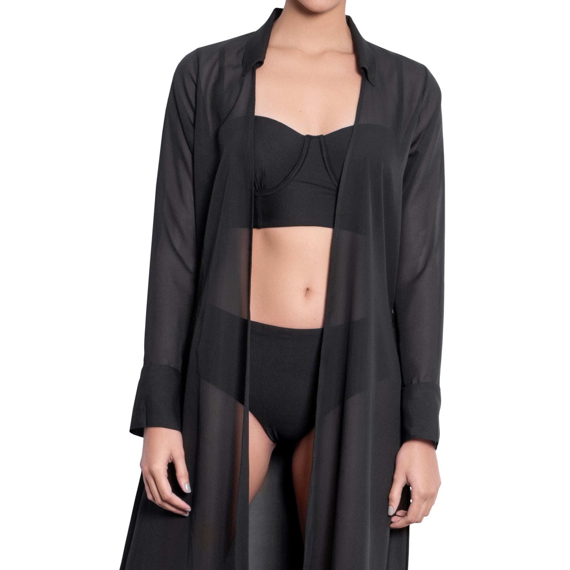L√âA long shirtdress, black chiffon cover up by ALMA swimwear ‚Äì front view 1